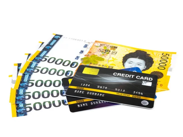 Güney Kore Won Banknotes beyaz bac izole ile Kredi kartı — Stok fotoğraf