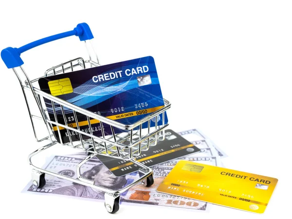 Küçük alışveriş sepeti ile kredi kartları ve amerikan doları nakit — Stok fotoğraf