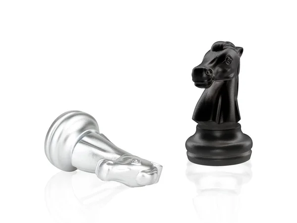 Knight Chess Pieces Battle Noir Argent Isolé Sur Fond Blanc — Photo