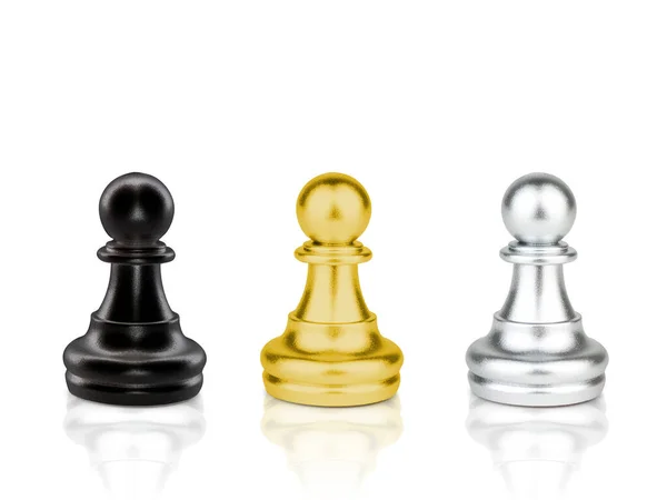 Die Schwarzen Goldenen Und Silbernen Schachfiguren Kämpfen Isoliert Auf Weißem — Stockfoto