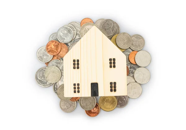 Kredyty Mieszkaniowe Oszczędności Monet Koncepcją Planowania Finansowego Izolowane Białym Tle — Zdjęcie stockowe