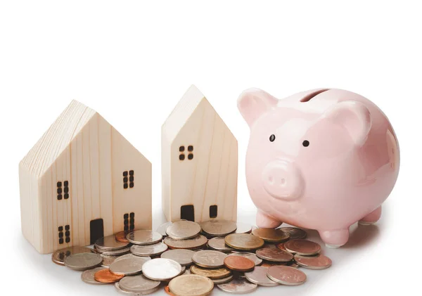 Bank Piggy Koin Pinjaman Rumah Dengan Konsep Perencanaan Keuangan Terisolasi — Stok Foto