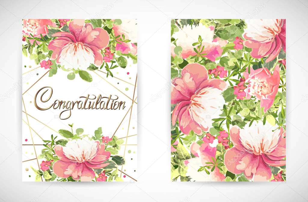 Floral template greeting card, garden flower pink peonies, green leaves, gold decor. Trendy decorative layout. Vector illustration