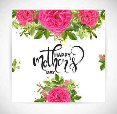 Çiçek şablon kartı, Bahçe çiçek pembe gül, yeşil yapraklar, altın dekor. Trendy dekoratif düzeni. Vektör çizim. Mutlu anneler günü
