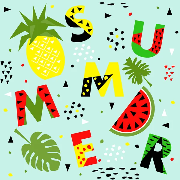 Trendy Seamless Memphis Style Watermelon Pineapple Geometric Pattern Vector Illustration — Stock Vector