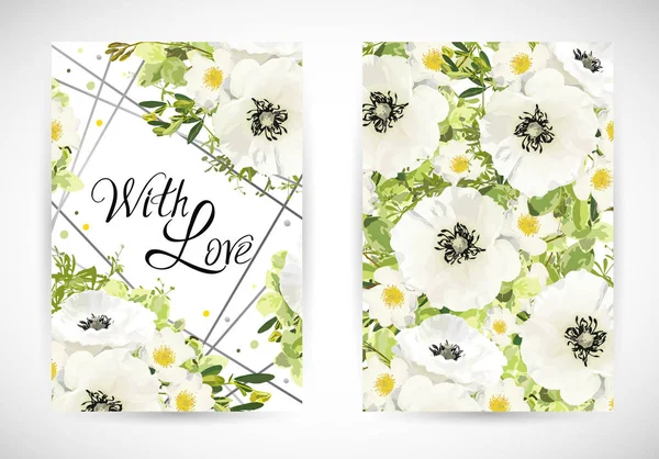 Floral Πρότυπο Κάρτας Λευκό Λουλούδι Στον Κήπο Παπαρούνας Και Τριαντάφυλλο — Διανυσματικό Αρχείο