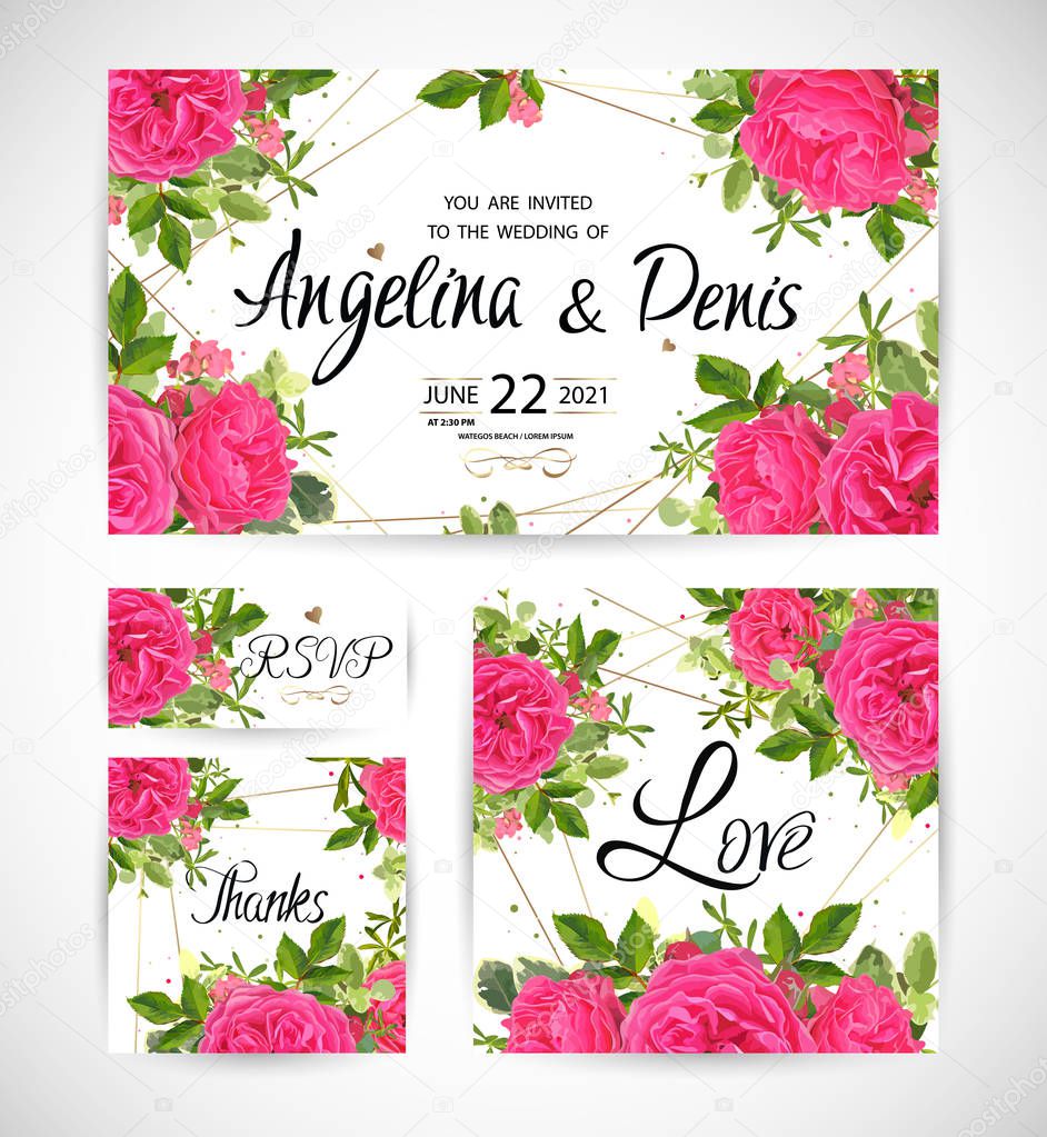 Wedding floral template invite, garden flower roses, green leaves, gold decor. Trendy decorative layout. Vector illustration