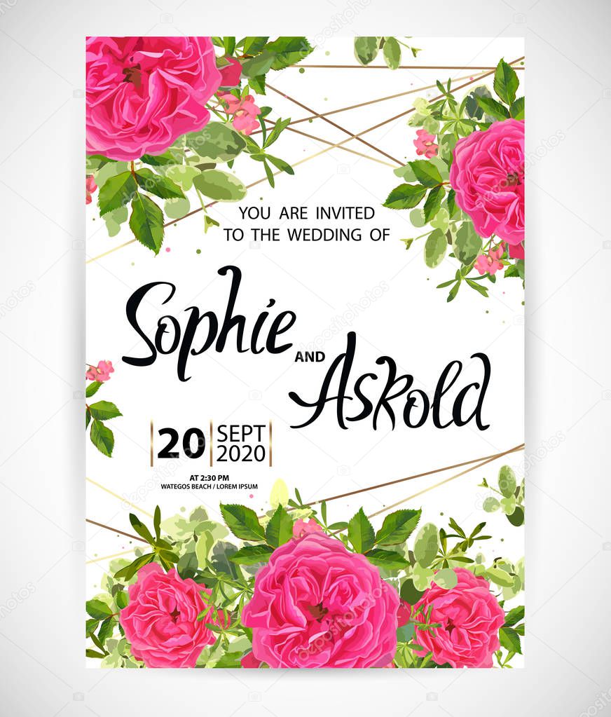 Wedding floral template invite, garden flower roses, green leaves, gold decor. Trendy decorative layout. Vector illustration
