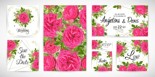 Γαμήλια Floral Πρότυπο Καλέσει Τριαντάφυλλα Στον Κήπο Λουλουδιών Πράσινα Φύλλα — Διανυσματικό Αρχείο