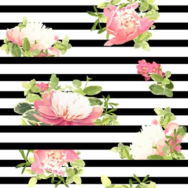 Kesintisiz çizgili tarzı çiçek desenli Bahçe çiçek pembe peonies, yeşil yaprakları ile. Trendy dekoratif zemin. Vektör çizim