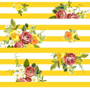 Kesintisiz çizgili tarzı bahçe çiçek Bordo Düğünçiçeği ve sarı, turuncu ve beyaz gül çiçek desenli, yeşil yaprakları. Trendy dekoratif zemin. Vektör çizim