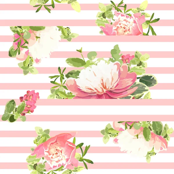 シームレスなストライプ スタイル ピンク色の庭の花牡丹の花柄 緑の葉します トレンディな装飾的な背景 ベクトル図 — ストックベクタ