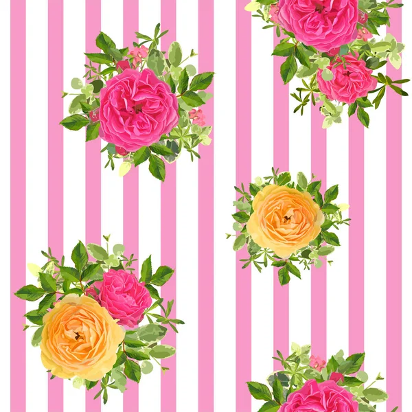 Nahtlos Gestreiftes Blumenmuster Mit Gartenblume Orange Und Rosa Rosen Grüne — Stockvektor