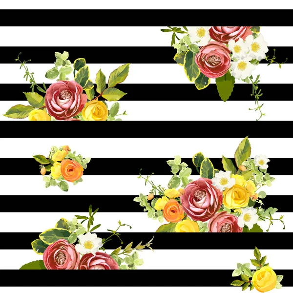 Motif Floral Style Rayé Sans Couture Avec Fleurs Jardin Ranunculus — Image vectorielle