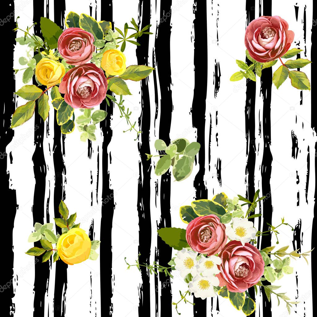 Seamless striped style floral pattern with garden flower burgundy ranunculus and yellow, orange and white roses, green leaves. Trendy decorative backdrop. Vector illustration