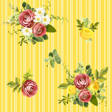 Kesintisiz çizgili tarzı bahçe çiçek Bordo Düğünçiçeği ve sarı, turuncu ve beyaz gül çiçek desenli, yeşil yaprakları. Trendy dekoratif zemin. Vektör çizim