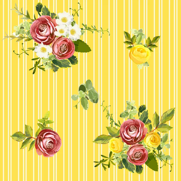 Kesintisiz çizgili tarzı bahçe çiçek Bordo Düğünçiçeği ve sarı, turuncu ve beyaz gül çiçek desenli, yeşil yaprakları. Trendy dekoratif zemin. Vektör çizim