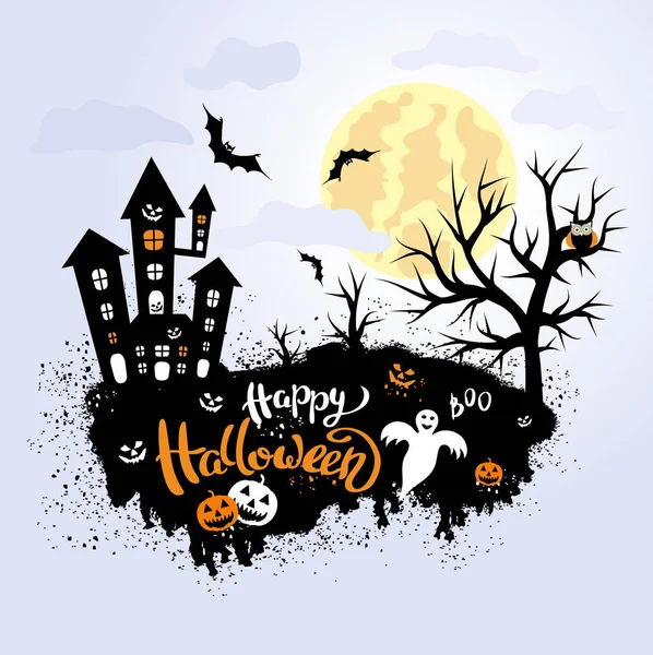 Boldog Halloween Sablon Banner Vagy Poszter Holiday Betűkkel Pók Sütőtök — Stock Vector