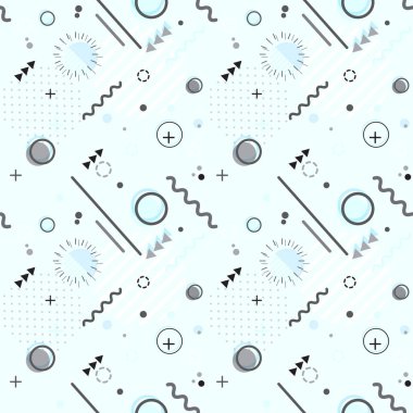 Parlak geometrik yapraklar, çizgi elementleri ve soyut geometrik şekiller içeren vektör illüstrasyonu ile modasız Memphis tarzı geometrik desen. Duvar kağıdı için arkaplan tasarımı