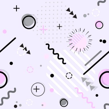 Parlak geometrik yapraklar, çizgi elementleri ve soyut geometrik şekiller içeren vektör illüstrasyonu ile modasız Memphis tarzı geometrik desen. Duvar kağıdı için arkaplan tasarımı