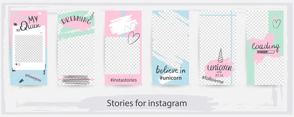 Trendy düzenlenebilir şablonları instagram öykülerinin unicorn, vektör çizim inanıyorum. Arka planlar için sosyal medya tasarım. El çekilmiş soyut kartı.