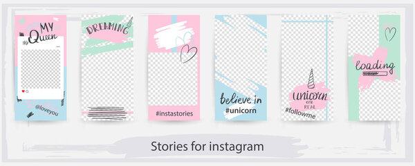 Trendy editable templates for instagram stories, believe in unicorn, vector illustration. Design backgrounds for social media. Hand drawn abstract card.