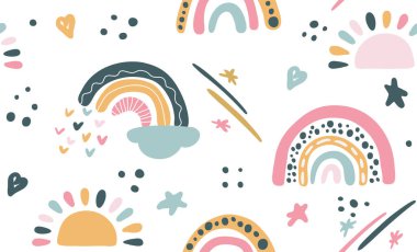 Elle çizilmiş gökkuşağı ve güneş ile kusursuz vektör deseni. Kumaş, tekstil, duvar kağıdı, giysi, ambalaj için modaya uygun bebek dokusu