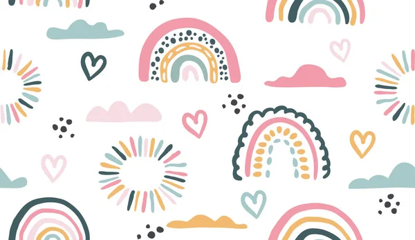 手绘彩虹和太阳的无缝线矢量图案 纺织品 包装材料用的流行婴儿质感 — 图库矢量图片