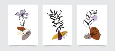 Soyut Boho çiçek çizgisi sanat vektörü arka planda kalır. Sosyal medya, kapak, vaka, tekstil, iç dekorasyon için el çizimi yaprakları ve çiçek sanatları arka planı.