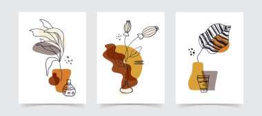 Soyut Boho çiçek çizgisi sanat vektörü arka planda kalır. Sosyal medya, kapak, vaka, tekstil, iç dekorasyon için el çizimi yaprakları ve çiçek sanatları arka planı.