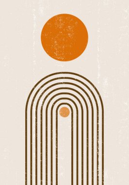 Yanmış turuncu güneş desenli boho minimalist basılabilir duvar sanatı geometrik gökkuşağı soyut gün batımı desenli bohem sanat eseri, vektör