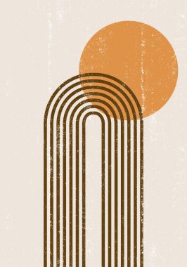 Yanmış turuncu güneş desenli boho minimalist basılabilir duvar sanatı geometrik gökkuşağı soyut gün batımı desenli bohem sanat eseri, vektör