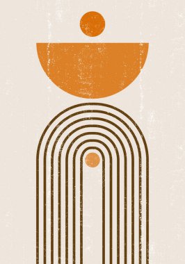 Yanmış turuncu güneş desenli boho minimalist basılabilir duvar sanatı geometrik gökkuşağı soyut gün batımı desenli bohem sanat eseri, vektör