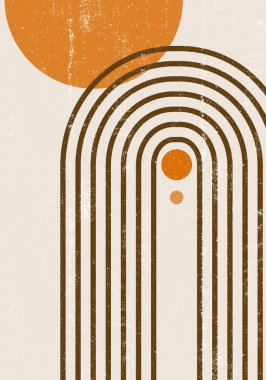 Yanmış turuncu güneş desenli boho minimalist basılabilir duvar sanatı geometrik gökkuşağı soyut gün batımı desenli bohem sanat eseri, vektör