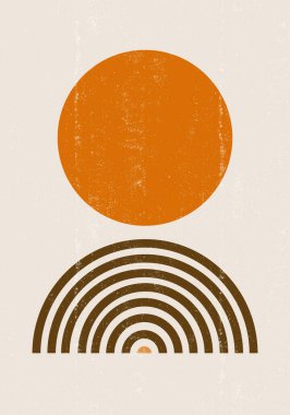 Yanmış turuncu güneş desenli boho minimalist basılabilir duvar sanatı geometrik gökkuşağı soyut gün batımı desenli bohem sanat eseri, vektör