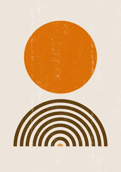 Yanmış turuncu güneş desenli boho minimalist basılabilir duvar sanatı geometrik gökkuşağı soyut gün batımı desenli bohem sanat eseri, vektör