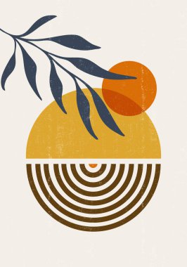 Soyut güneş ayı iz bırakır boho minimalist basılabilir duvar sanatı geometrik soyut gün batımı baskı bohem sanat eserleri, vektör