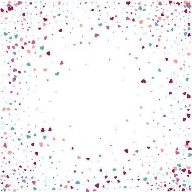 Parlak çok renkli konfeti arka plan. Şenlikli kalp şeklinde konfeti. Beyaz arka planda neşeli konfeti.