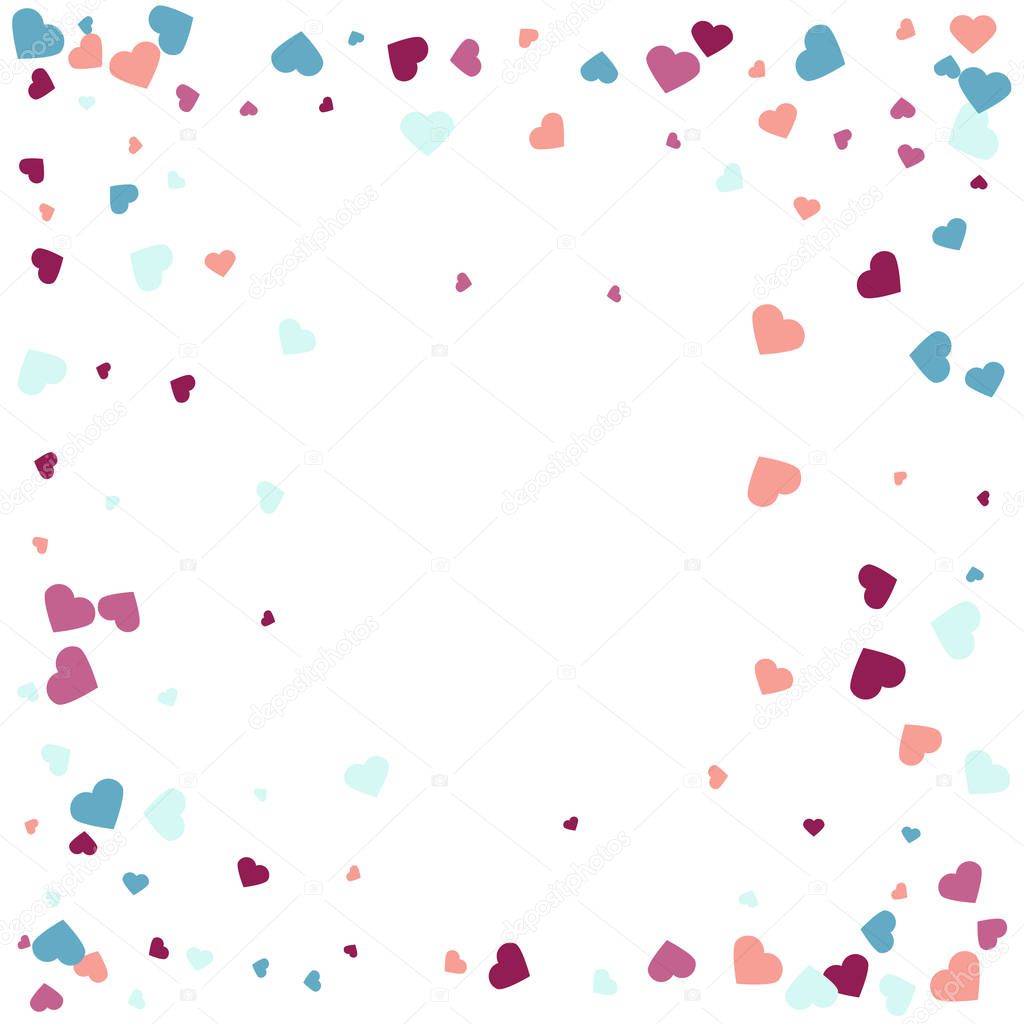 Background from bright multi-colored confetti. Festive heart shaped confetti. Joyful confetti on a white background.