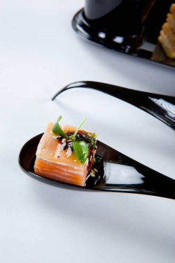 Lezzetli somon ve siyah kaşık yemek peynir