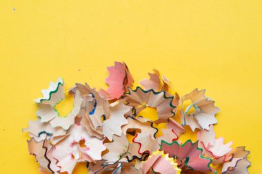 Sarı arka planda renkli kalem talışları. Okula geri dön co