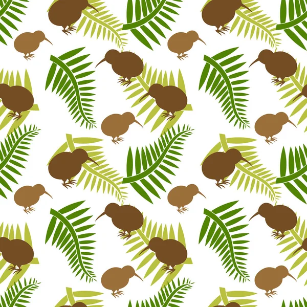 Kiwi Oiseau Fougères Motif Sans Couture Illustration Vectorielle — Image vectorielle
