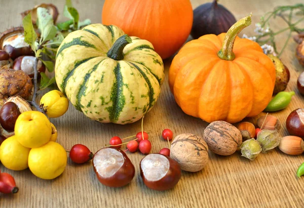 Fond Automne Avec Citrouilles Fruits Noix Sur Texture Bois — Photo