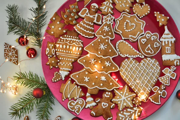 Kerstkoekjes Met Peperkoek Platte Laag — Stockfoto