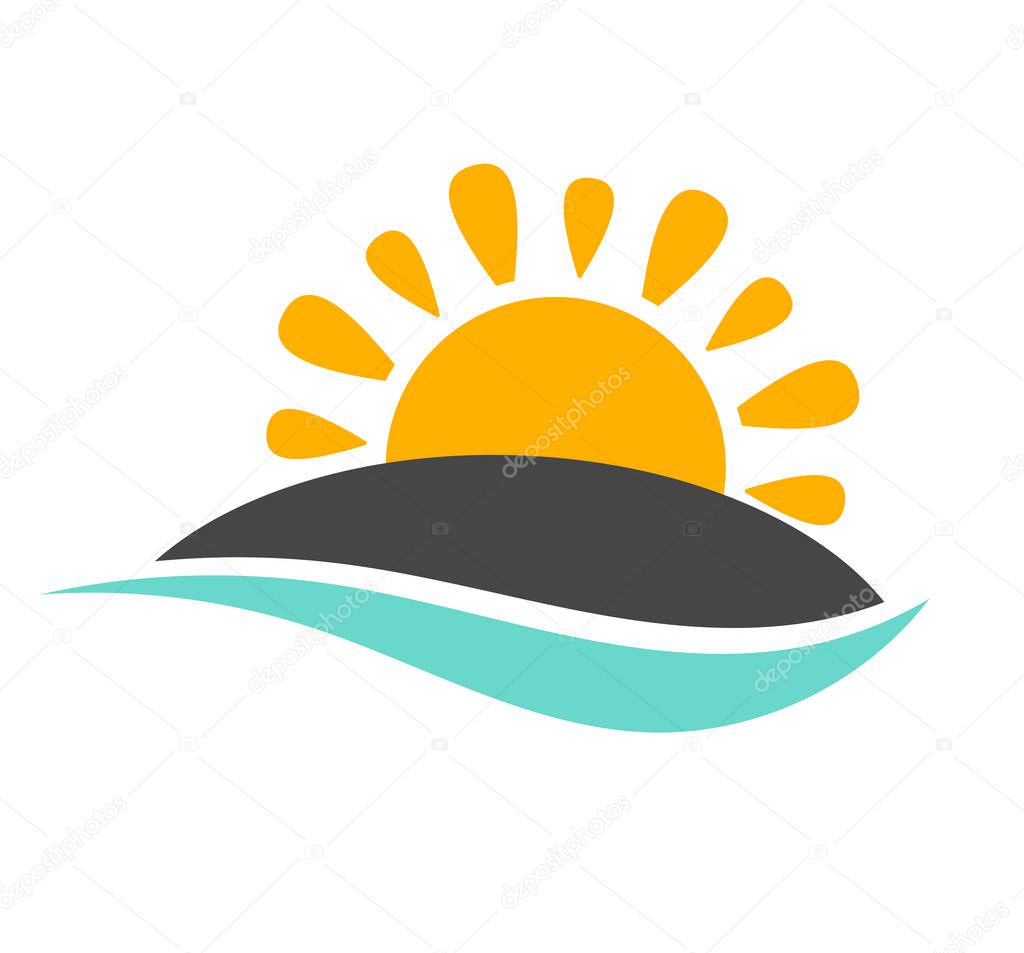 Sun setting over island and sea wave icon. Vector illustration