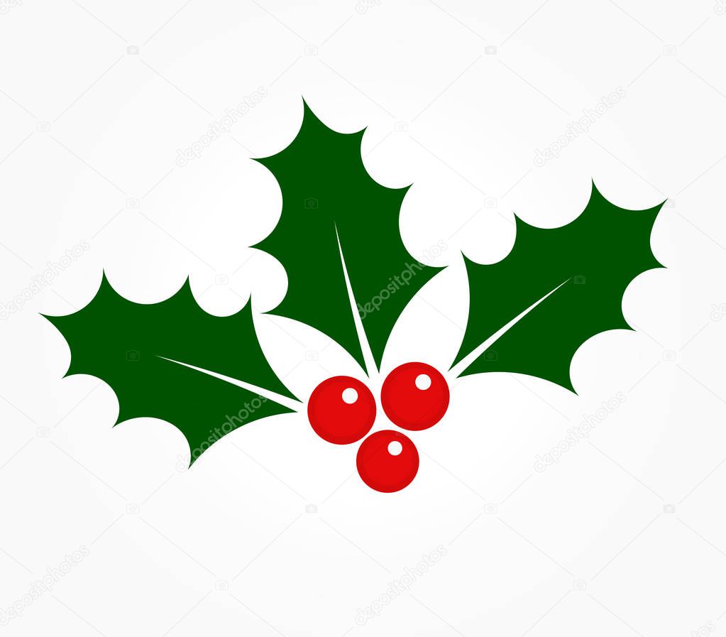 Holly berries icon. Ilex plant leaves symbol of Christmas