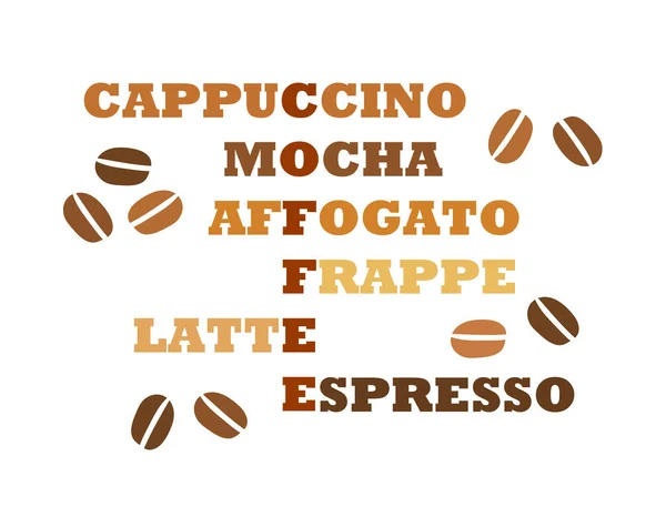 Kaffee Typen Kreuzworträtsel Design Vektorillustration — Stockvektor