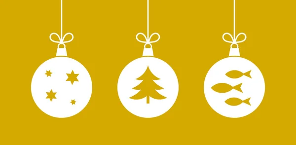 Drie Hangende Kerstballen Ornamenten Gouden Achtergrond — Stockvector