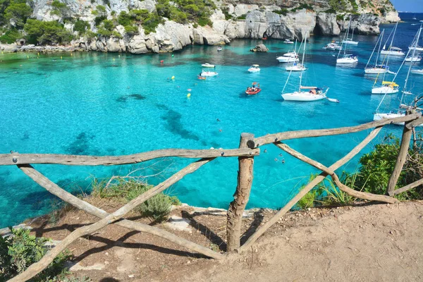 Turquoise Water Bay Cala Macarella Menorca Island Spain Wooden Typical — Stock Photo, Image