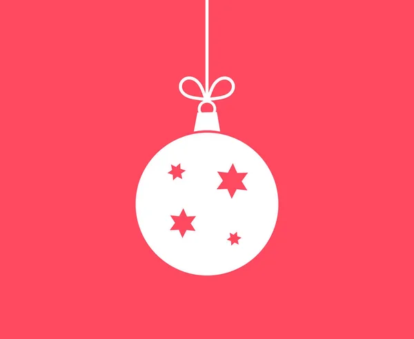 Kerst Bal Ornament Rode Achtergrond Opknoping Prettige Feestdagen Vector Kaart — Stockvector